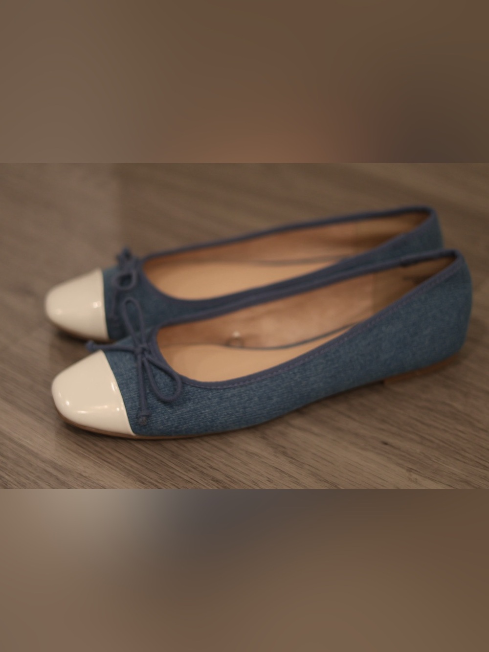 LOFT Blue Denim Ivory Cap Toe Ballet Flats Bow Slip On Shoes Women’s 9.5